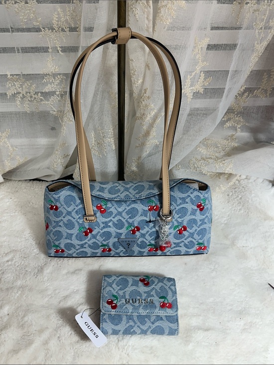 Guess Handbags - Guess shoulder cherry denim shoulder bag monogram print
